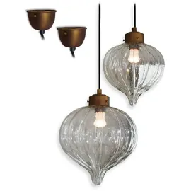 Loberon Hängelampe 2er Set Baisse, Verschiedene Größen, Mundgeblasen, Tropfenförmiger Schirm, Nostalgischer Charme, Vintage-Look, Hängeleuchte, Messing, Glas, klar/messing