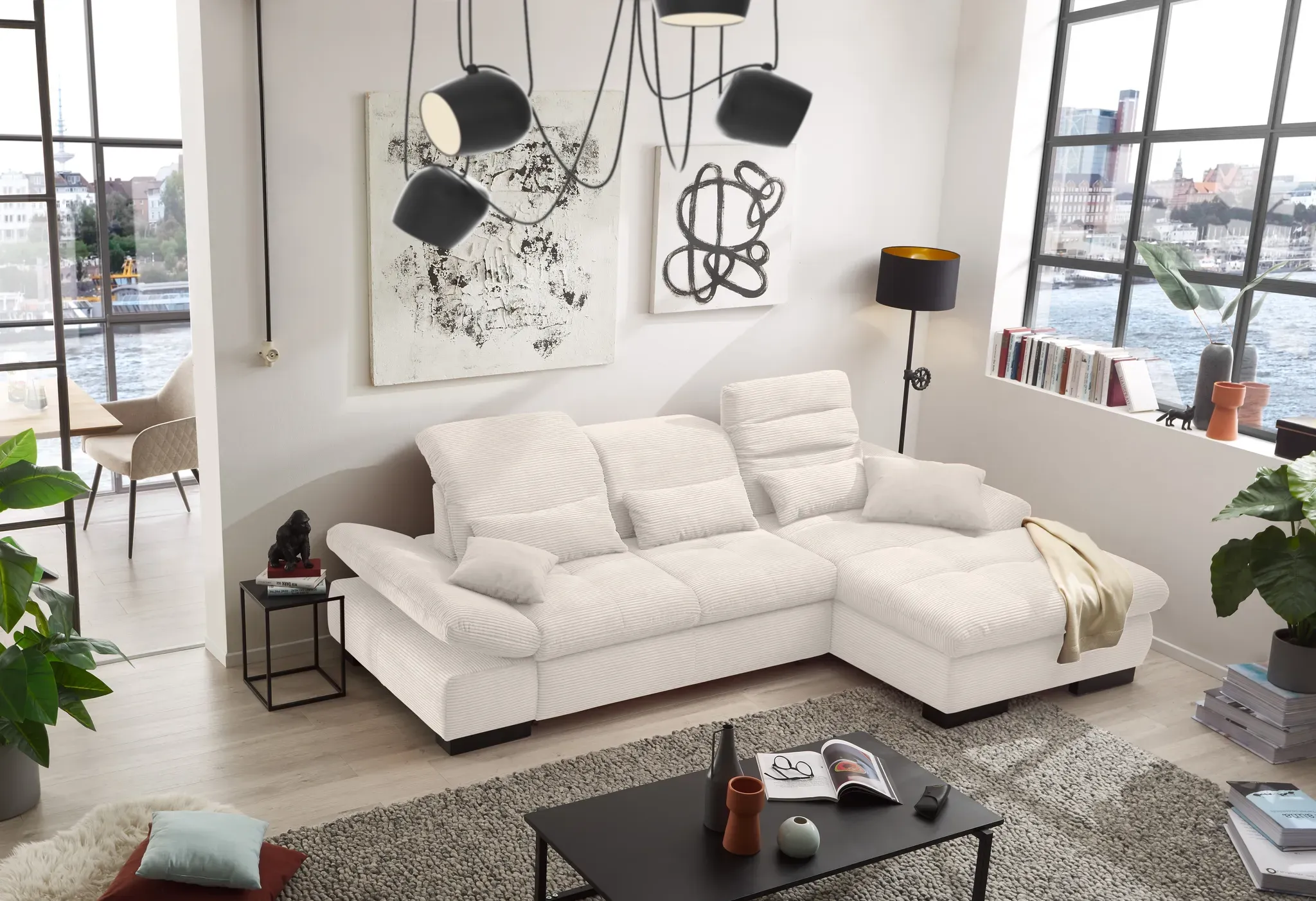 Ecksofa SET ONE BY MUSTERRING "SO4100 V" Sofas Gr. B/H/T: 284cm x 80cm x 190cm, Breitcord, Recamiere rechts, mit Kopfteilverstellung-mit Schwenkrücken-mit Armteilverstellung-mit Bettfunktion-mit Bettkasten-PUR-Schaumstoff-PUR-Schaumstoff-PUR-Schaumstoff-Wellenunterfederung, weiß mit verstellbaren Kopfteilen, wahlweise Funktionen, Cord-Bezug