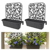 GarPet 2x Balkonkasten mit Spalier für Kletterpflanzen Blumenkasten Geländerkasten Rattan Optik Balkon Geländer Kasten Halterung Wasserspeicher Anthraz