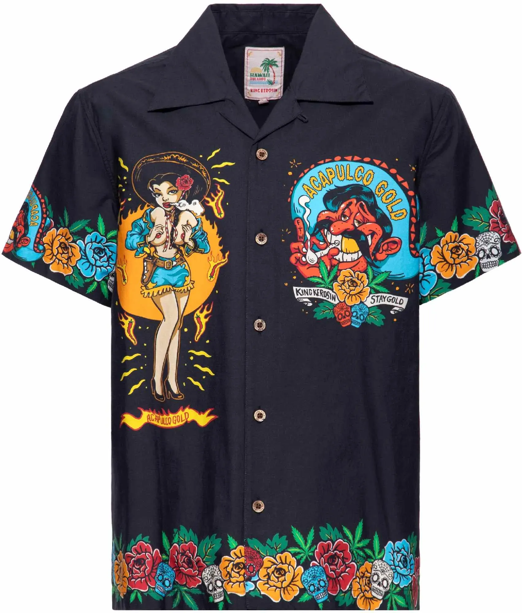 King Kerosin Acapulco Gold Kurzarmhemd, schwarz-mehrfarbig, Größe 2XL für Männer