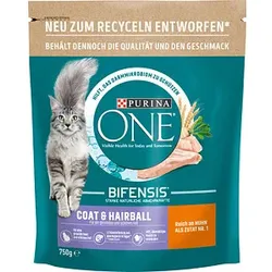 PURINA ONE® Katzen-Trockenfutter Coat & Hairball reich an Huhn und Vollkorn-Getreide 750,0 g