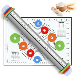 SURFOU Nudelholz Edelstahl Einstellbares 1 Teigroller 1 Silikon Backmatte, (Dicke Nudelholz in 4 Größen mit 4 Abnehmbare Abstandshalter), für Pizza Kekse Pfannkuchen Pasta Backen Utensilie weiß