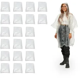 Relaxdays Regenponcho Einweg 20er Set, Einmal Regencape mit Kapuze, Erwachsene, Notfallponcho Damen, Herren, transparent