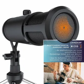 Liam&daan Podcast Mikrofon mit Monitorfunktion & Dreibeinstativ 192 kHz - 20 Hz bis 20 kHz