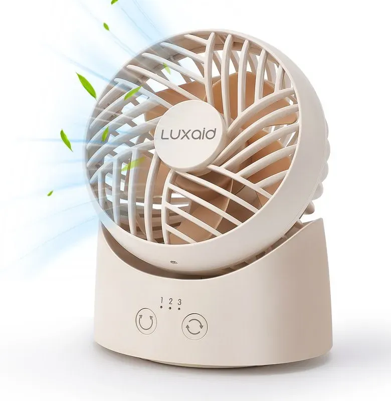 Luxaid Mini-Schreibtischventilator, 60°-Oszillation, 3 Geschwindigkeitsstufen, 1800 mAh Akku mit Typ-C-Ladefunktion, 8 h kontinuierliche Laufzeit, kompakt & tragbar