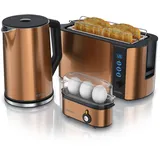 Arendo 3-teiliges Frühstücks-Set, 4 Scheiben Langschlitztoaster, Wasserkocher 1,5l, 3er Eierkocher, Kupfer