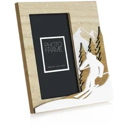 Cervinia 10x15 cm hoch, braun-weiß, Holzrahmen Thema Skifahren, zum Stellen
