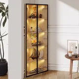 Merax Glasvitrine mit LED Licht, Eckvitrine Hochschrank mit Zwei Glastüren, Stehend Vitrinenschrank, Badezimmerschrank, 62x35x160cm, Oak - Braun