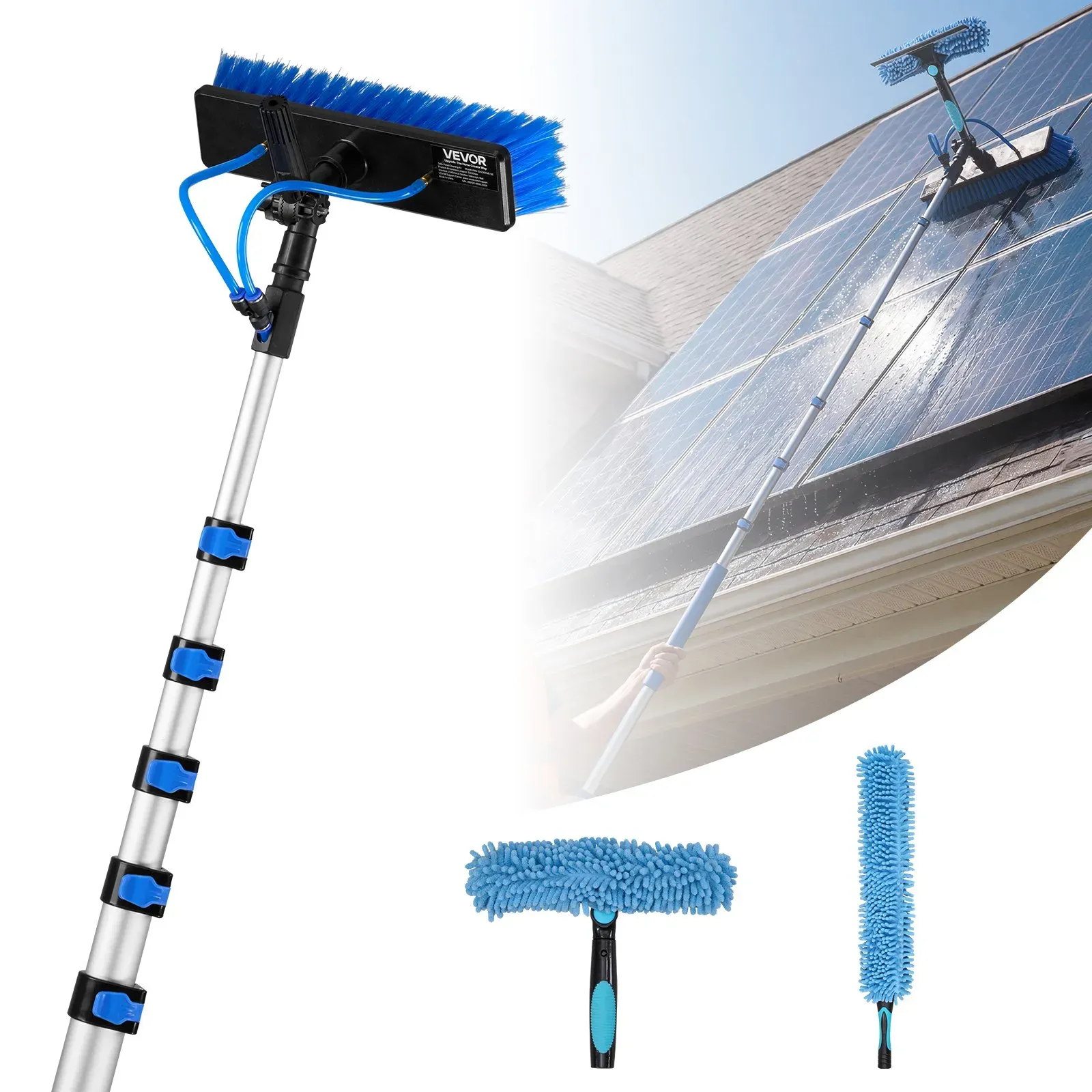 VEVOR Teleskop Waschbürste für Solarpanel, Photovoltaik Reiniger inkl. 2-10m Alu-Teleskop 20m Wasseranschluss 180° Bürste Abzieher & Seifenspender, Reinigungsset für Solaranlage Fenster Terrassendach