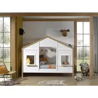 Vipack Hausbett »Babs, mit Dachaufbau, Fenstern, Made in Europe, originelle Optik«, (B/H/T ca. 210x170x97cm, Weiß/Oak lackiert, seitlich nach hinten offen), inklusive Rolllattenrost und wahlweise mit Bettschublade