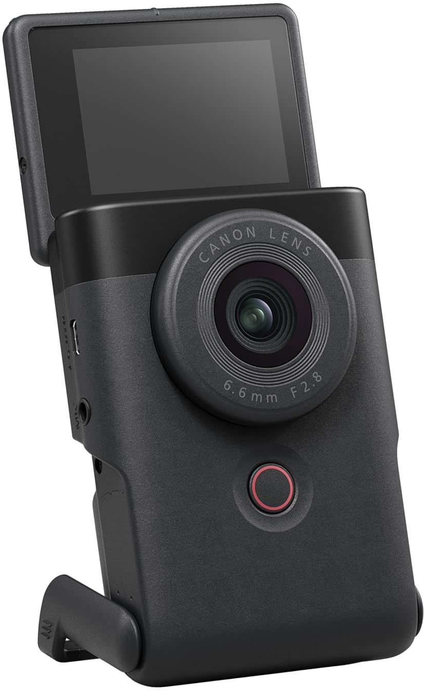 Canon PowerShot V10 Vlogging Kit Kompaktkamera - Digitalkamera (Weitwinkel Objektiv, 4k Kamera Videokamera, klappbares Touch-Display, Stereo-Mikrofon, Stativ, Streaming, YouTube, WLAN) schwarz