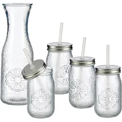 5tlg Set Vivalto Lima Karaffe + 4x Glas mit Deckel und Strohhalm