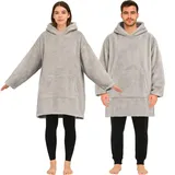 Hoodie Decke mit Ärmeln Plüsch Sherpa Deckenpullover Oversize Kuscheldecke zum anziehen Kuschelpullover für Damen Herren XXL Poncho Grau - Grau