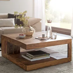 Kadima Design Sheesham Wohnzimmertisch Massiv, Quadratisch, Einzigartiges Unikat. 90x90x40 cm
