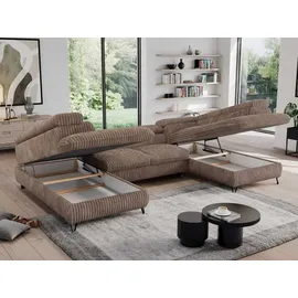 MKS Meble U-form Couch, Schlaffunktion, Ecksofa mit verstellbare Kopfstützen, Bettkasten - PEDRO U - Cord - Braun - Braun