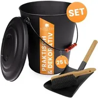 Black Oak Ascheeimer Santorini Stahl 25L mit Schaufel & Besen Schwarz