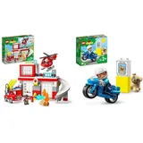 LEGO 10970 DUPLO Feuerwehrwache mit Hubschrauber, Feuerwehr-Spielzeug & DUPLO Polizeimotorrad, Polizei-Spielzeug für Kleinkinder ab 2 Jahre