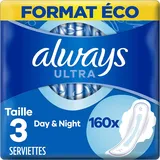 Always Ultra Damenbinden, Größe 3, Day & Night, 160 Binden mit Flügeln, reichlich fließender Durchfluss Tag und Nacht, Eco-Format, maximaler Komfort, super saugfähig und ultradünn