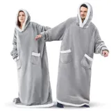 Sedefen Sweatshirt Hoodie Decke mit Ärmeln Deckenpullover,Flauschige Sherpa Kuscheldecke Tragbare Decke,Übergroße Kapuzenpullover für Damen Herren Erwachsene Warm Ärmeldecke Hellgrau