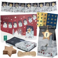 LIVAIA Adventskalender 2025 Frauen, Männer und Kinder: DIY Set zum Befüllen mit kleinen Geschenken - 24 bedruckte Papiertüten, Holzklammern, Adventskalender Tee Aufkleber - Geeignet für Geschenke