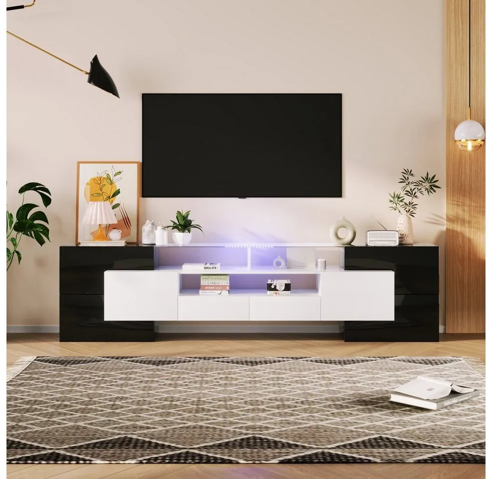 REDOM TV-Schrank Lowboard (1-St., Schwarz+Weiß, 200 cm) Elegante Glasoberfläche., LED-Beleuchtung schwarz