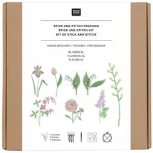 Rico Design Stick & Stitch Packung, Blumen XL // 8 Stk., 8 Designs // Wasserlösliche Stickvorlage, Stickgarn, Sticknadel und Anleitung