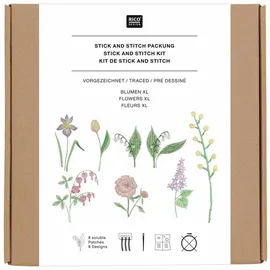 Rico Design Stick & Stitch Packung, Blumen XL // 8 Stk., 8 Designs // Wasserlösliche Stickvorlage, Stickgarn, Sticknadel und Anleitung