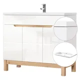 Lomadox - Waschtischunterschrank inkl. 100 cm Keramikbecken SOLNA-56 weiß, Wotaneiche, b x h x t ca. 100 x 85 x 46cm