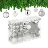 Relaxdays Weihnachtskugeln 101er Set, Kunststoff, Weihnachtsbaumdeko mit Kugeln & Spitze, Christbaumschmuck, Silber/weiß