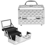 GIANTEX Kosmetikkoffer mit Spiegel, Beauty Make-up Case Schminkkoffer aus ABS und Aluminium, 2 ausziehbare Ablagen, ausklappbarer & tragbarer Etagenkoffer Friseurkoffer Multikoffer (Silber)