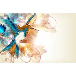 Fototapete PAPERMOON "KOLIBRI-DESIGN BLUMEN VOGEL TIER ABSTRAKT MUSTER DECOR", bunt, B:3,50m L:2,60m, Vlies, Tapeten