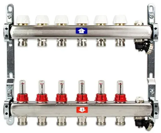 Edelstahl-Verteiler für Fußbodenheizung, mit Eurokonusanschluss und Durchflussmengenbegrenzer (Ausführung: 2-fach - 3/4'' EK)