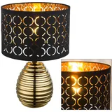 ETC Shop Tischleuchte schwarz gold Nachttischleuchte Retro Schlafzimmer Tischlampe mit Stoffschirm, Samt Metall, 1x E27 Fassung, DxH 25x38 cm