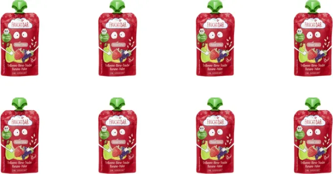 FRUCHTBAR – Bio Fruchtpüree Erdbeere, Birne, Traube, Banane & Hafer 8x 100g – Ohne Zuckerzusatz* – Ab 6 Monaten – Mit 4% Hafer