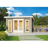 Woodfeeling Karibu Radeburg 2 terragrau 50% Aktions-Rabatt auf Dacheindeckung & gratis Gartenhaus-Pflegebox