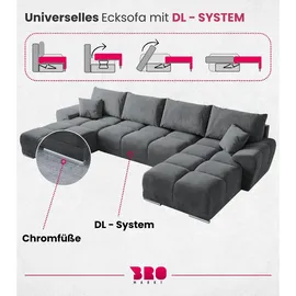 bromarkt Ecksofa NUBES Schlaffunktion Bettkasten U-Form, 372x184x85cm Grau, - Grau