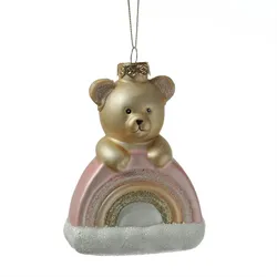 Weihnachtsbaumschmuck Teddybär mit Regenbogen Glas H: 13,5cm rosa