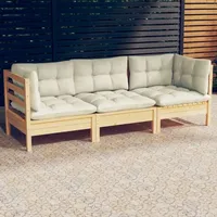 vidaXL 3-Sitzer-Gartensofa mit Creme Kissen Massivholz Kiefer