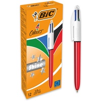 BIC 4 Farben Kugelschreiber Set 4 Colours Shine, Schaft in metallic rot, 12er Pack, Ideal für das Büro, das Home Office oder die Schule