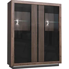 Forte Savona Vitrine L mit 2 Türen, Holzwerkstoff, schwarz/Edeleiche/schwarz Hochglanz, B 133 H 162 T: 42.0