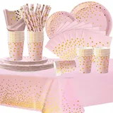 COLANANA Partygeschirr Kindergeburtstag,Roségold Geburtstag Party Geschirr Set mit Teller Tischdecke Tassen Servietten Papier Strohhalme für Babydusche Geburtstag Hochzeit Party(16 Gäste)