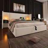 Hydraulisches Polsterbett 160x200cm mit Nachttisch und Ladefunktion, Doppelbett Stauraumbett Boxspringbett mit Leselampe, Samt, Beige(Ohne Matratze) - Beige