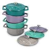 Navaris Mini Cocotte Set - 4x Gusseisen Mini Topf Grün Lila - Optimale Wärme Distribution - Mini Auflaufform mit Deckel - Kleine Dessert Töpfe - Auflaufförmchen backofenfest