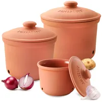 Romertopf Kartoffeltopf & Zwiebeltopf 3er Set – Vorratsdosen aus Keramik für Kartoffeln, Zwiebeln & Knoblauch – atmungsaktiver Ton hält Gemüse länger frisch – Terrakotta