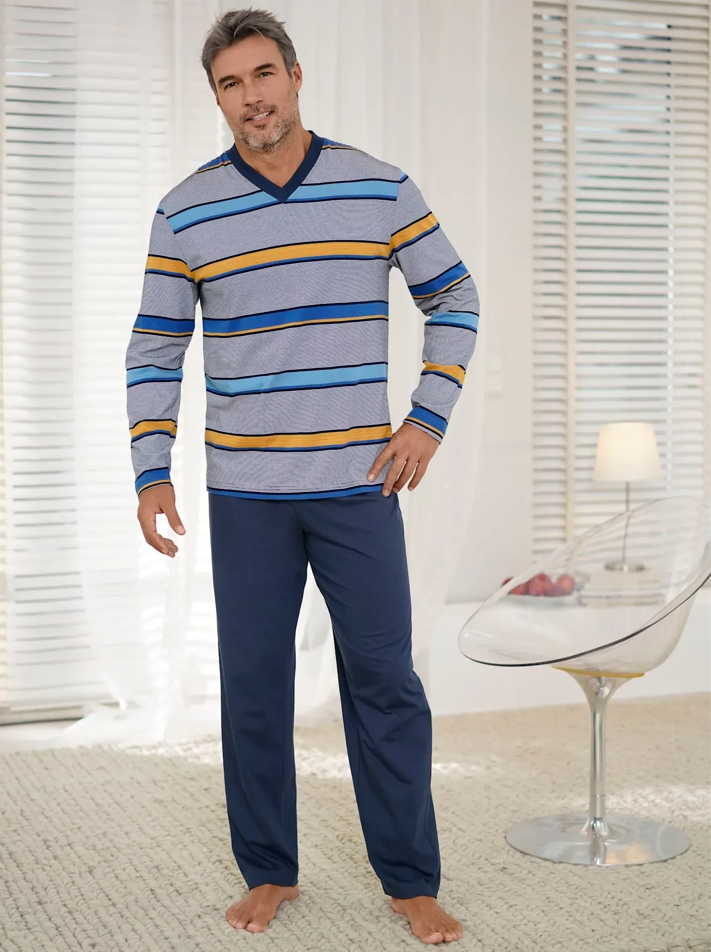 Schlafanzug WÄSCHEPUR, Herren, Gr. 52/54, bunt (marine, gelb, gestreift), 100% Baumwolle, Homewear-Sets Schlafanzug