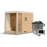 Karibu Saunahaus Ares 1 - Hybridhaus mit Metallrahmen - 38 mm Holz-Ausführung: naturbelassen Blech-Ausführung: ß 9 kW Ofen inkl. Steuergerät