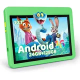 Kinder Tablet 10 Zoll, Android 16, 24 GB RAM, 128 GB Speicher, Kindersicherung, HD IPS 1280x800, 6000 mAh Akk, mit Schutzhülle - Grün
