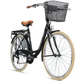 bergsteiger Cityrad Paris 28 Zoll Damenfahrrad, ab 160 cm, Korb, Licht, 6 Gang Shimano Tourney RD-TZ50 Schaltwerk, Kettenschaltung, V-Bremsen schwarz