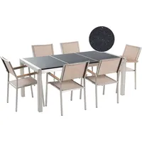 Beliani Gartentisch Set Schwarz Beige Granit Edelstahl Tisch 180 cm Poliert 6 Stühle Terrasse Outdoor Modern