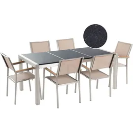 Beliani Gartentisch Set Schwarz Beige Granit Edelstahl Tisch 180 cm Poliert 6 Stühle Terrasse Outdoor Modern